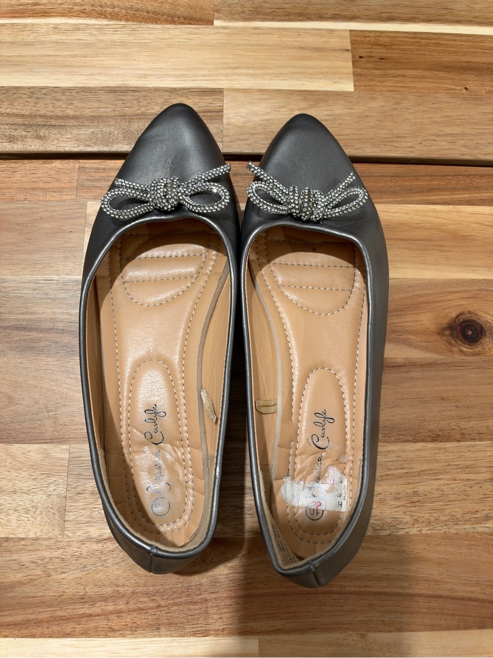 Crystal Bow Pointed Ballet Flats in Metallic Gray